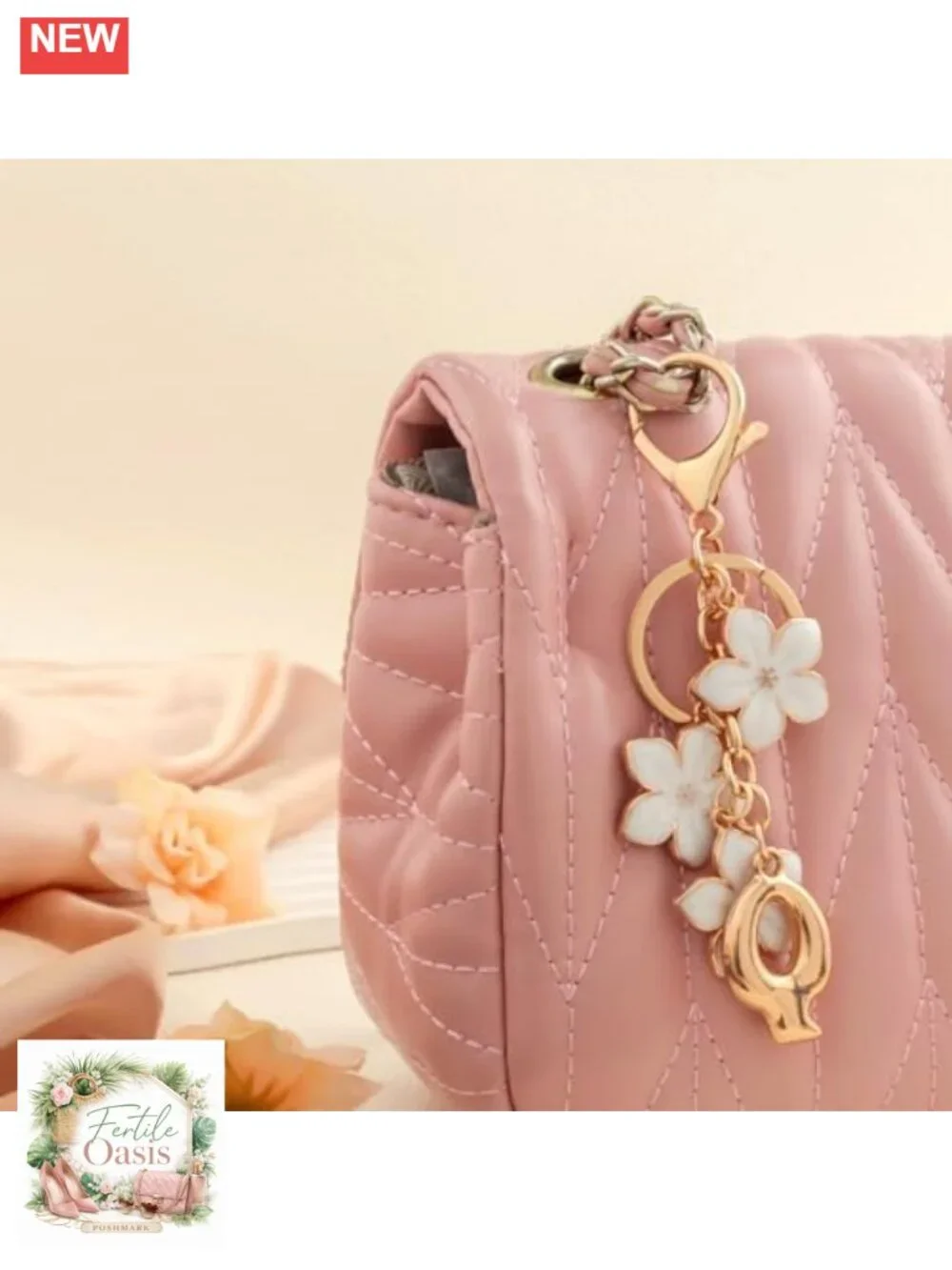 Gold Plated Letter Initial Keychain Charm Floral Heart Bag Purse Charm Gift for